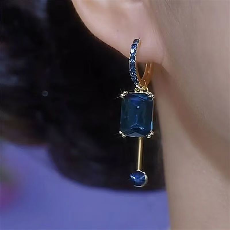 Light Luxury Blue Square Crystal Hoop Earrings, 2026 New Hot Niche Design Jewelry