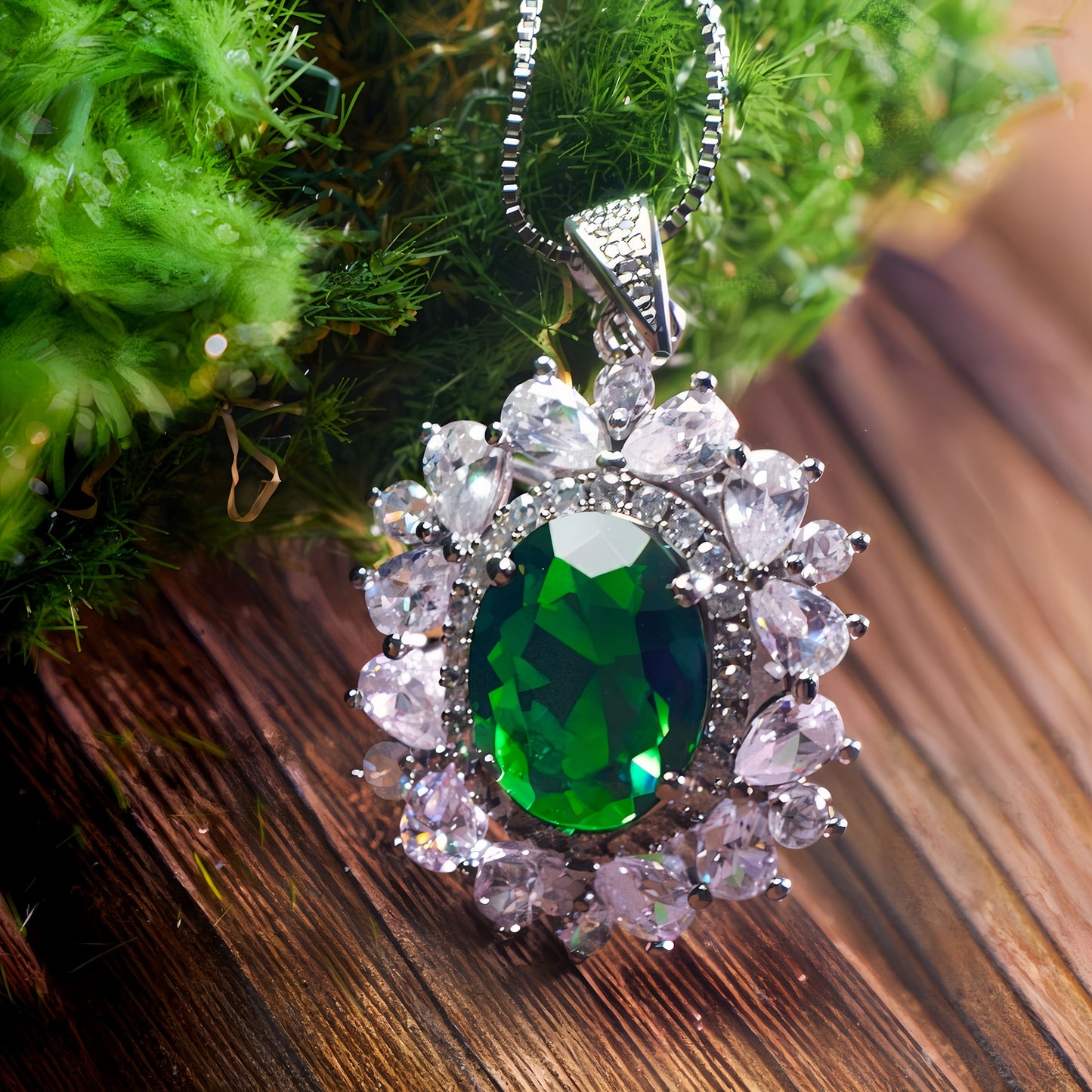 Luxury Sunburst Green Emerald Drop Necklace, Silver Plated Copper CZ Pendant For Anniversary & Formal Party Gifts