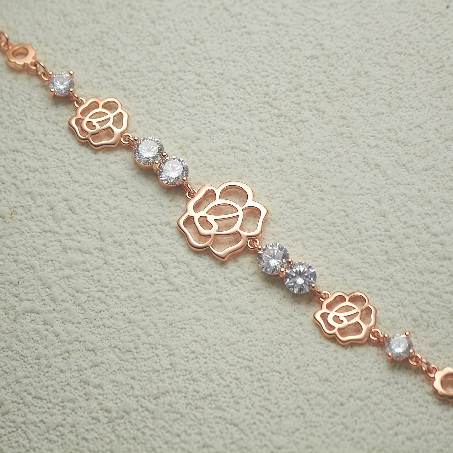Rose Gold Openwork Rose Flower Cubic Zirconia Link Bracelet For Women, Copper Plated Silver Adjustable Extension Chain Floral Dainty Wedding Daily Jewelry Gift