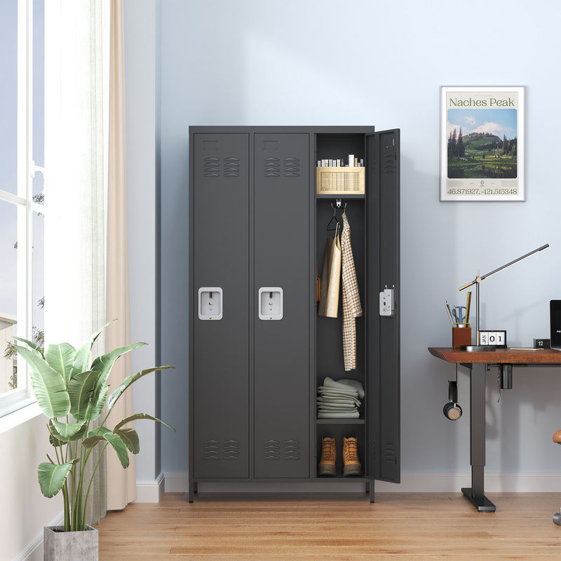 3-Door 72in Steel Locker W Locks For Employees, Storage Cabinet For Home Gym Office School Garage, Gray,Black