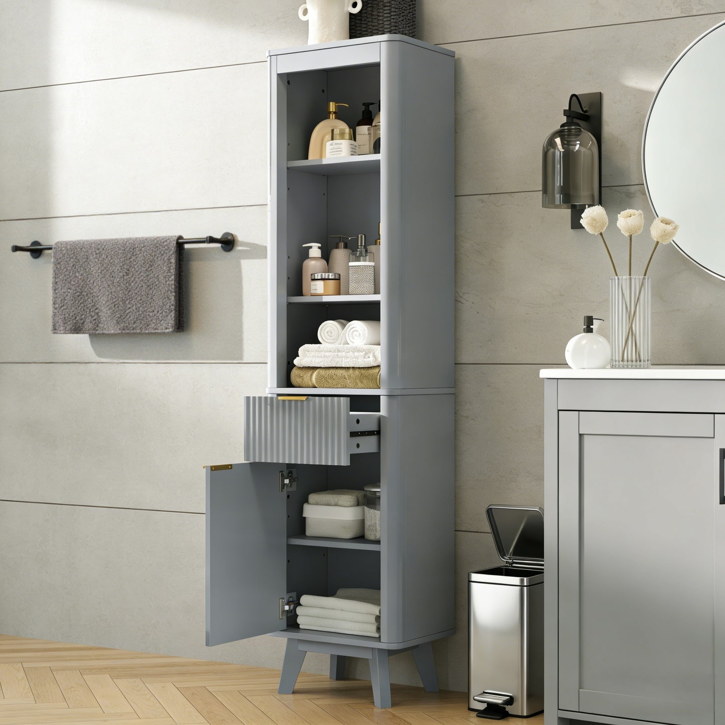68  H Tall Bathroom Storage Cabinet With  Adjustable Shelves And One Drawer & Door, Storage Cabinet For Bathroom, Living Room, Entryway & Kitchen, Gray