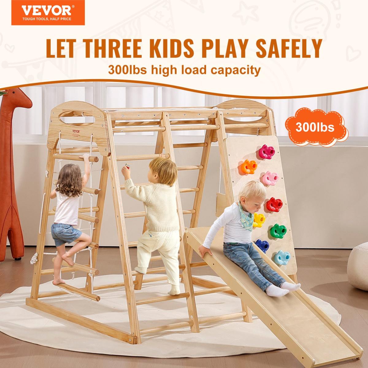 Indoor Jungle Gym, 7-in-1 Toddler Indoor Playground, Wooden Toddler Climbing Toys Indoor With Wood & Rope Ladder, Net Ladder, Swing, Monkey Bar, Slide, Climbing Wall, 47.2 X 58 X 56in
