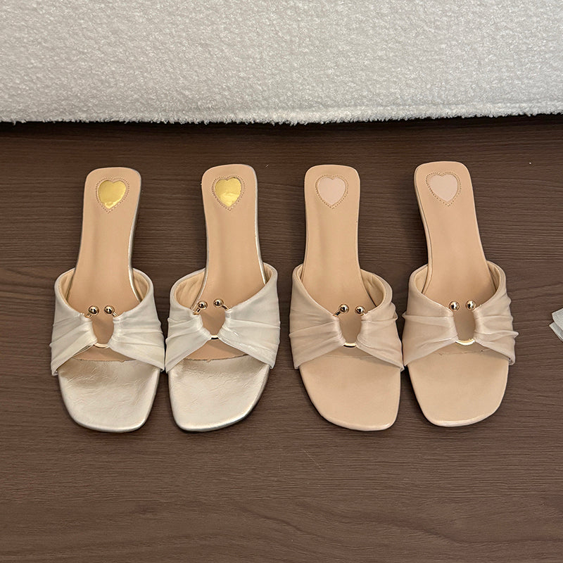 Women's Gentle Vacation Style Slide Sandals, 2026 Summer Elegant Outdoor Slippers With Ruched Design, Metal Buckle & Wedge Heel