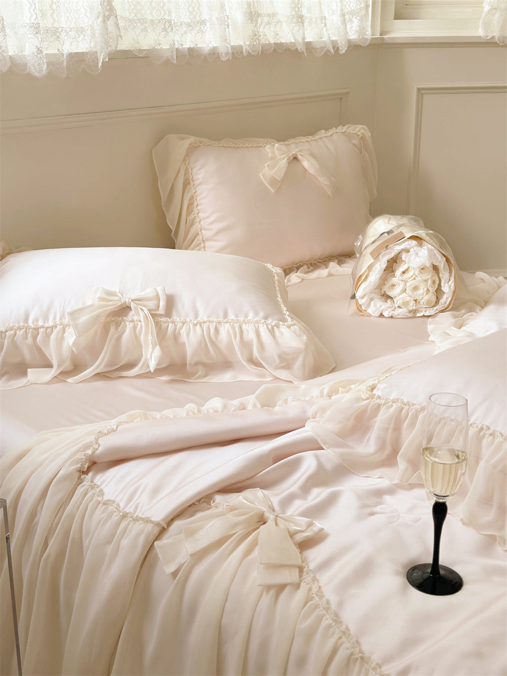 Pure Color Ruffles Princess Style Summer Quilt Tencel Summer Cooling Duvet Airable Cover Four-piece Set