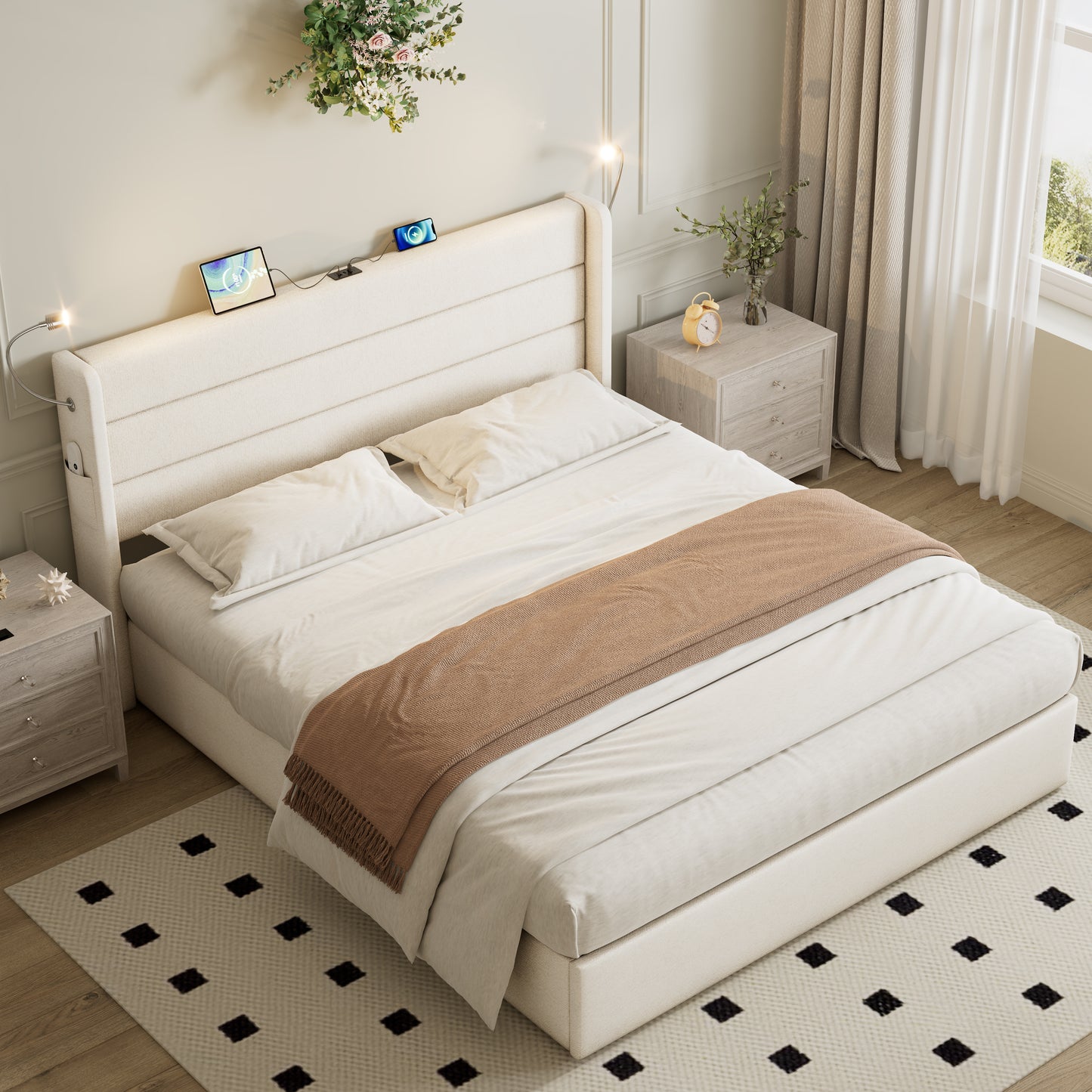 King Upholstered Bed With Charging Station, Linen Hydraulic Storage Bed With Adjustable LED Reading Light, 5ft Double Bed With USB And Type - C Ports, Beige No Mattress
