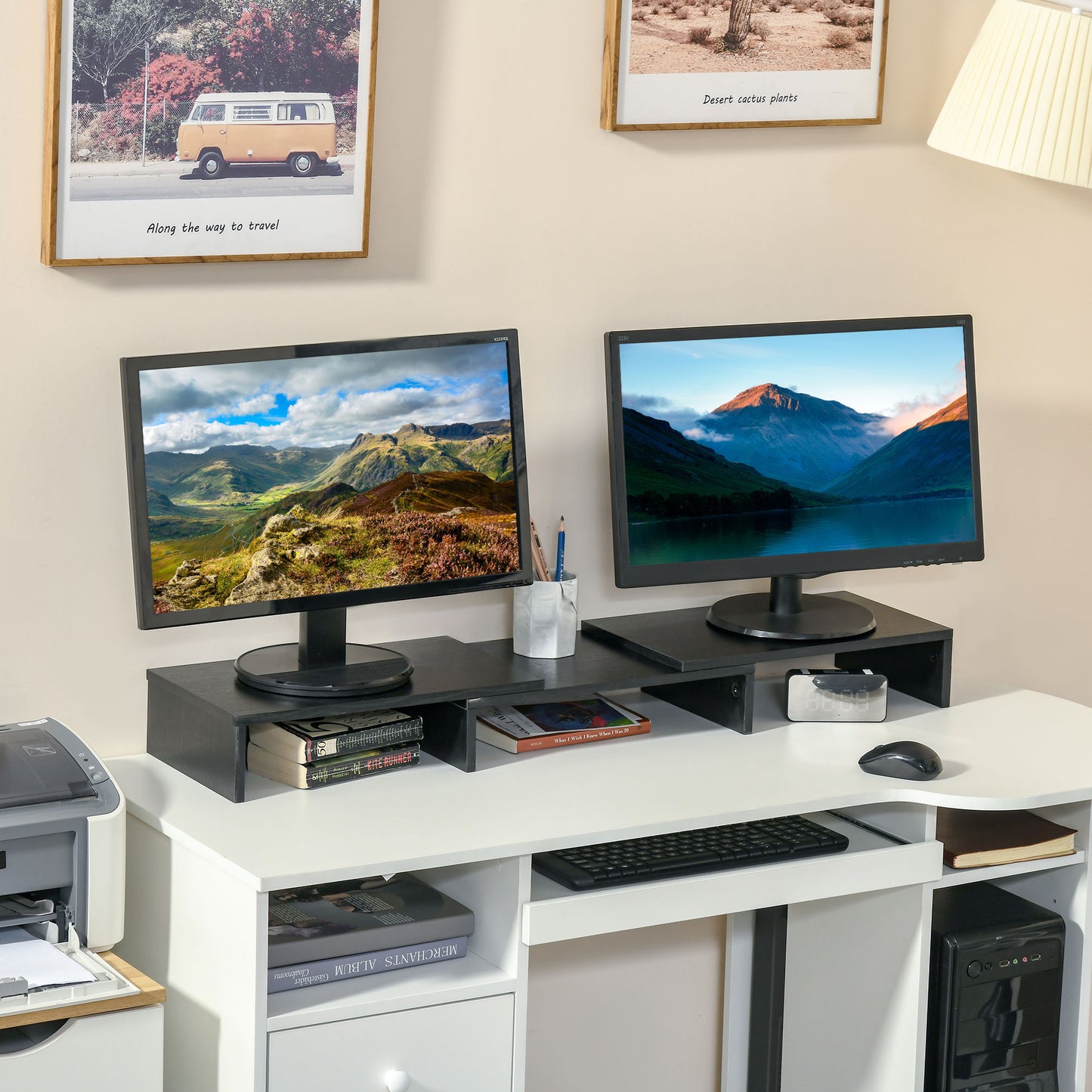 Vinsetto Dual Monitor Stand Riser With Adjustable Length And Angle, Screen Riser For Laptop, Computer, PC, Printer, TV, Black