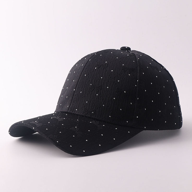 Korean-style Soft Style Bow Tie Rhinestone Baseball Cap With Textured Pleats And Breathable Brim Outdoor Versatile Hat For Outings With A Curved Brim