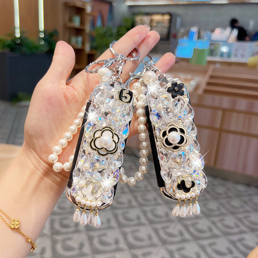 Crystal Glass Diamond Portable Makeup Mirror Comb Keychain