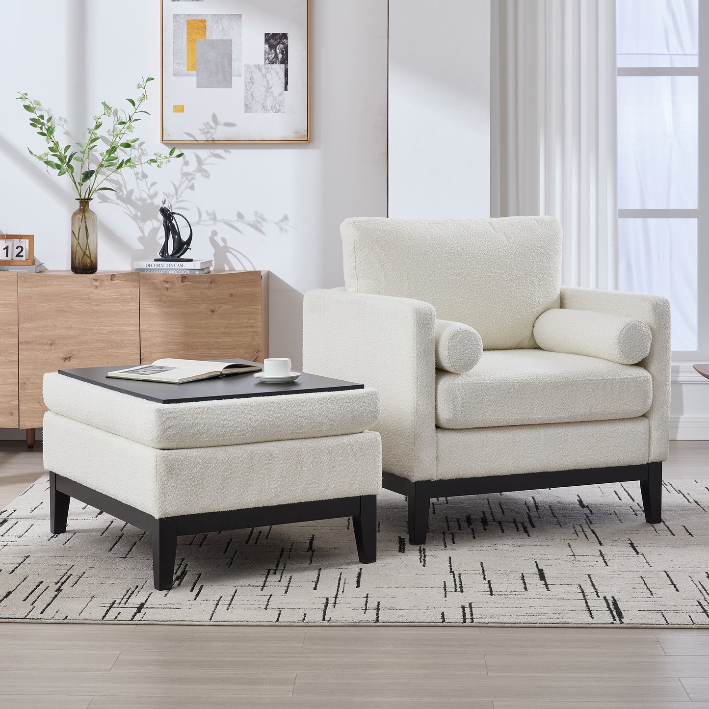35.4  Wide Farmhouse Performance Upholstered Wood Base Square Accent Arm Chair With Ottoman Black Finish Legs With Reversible Lid Coffee Table For Living Room Office And Lounge, Ivory Boucle.