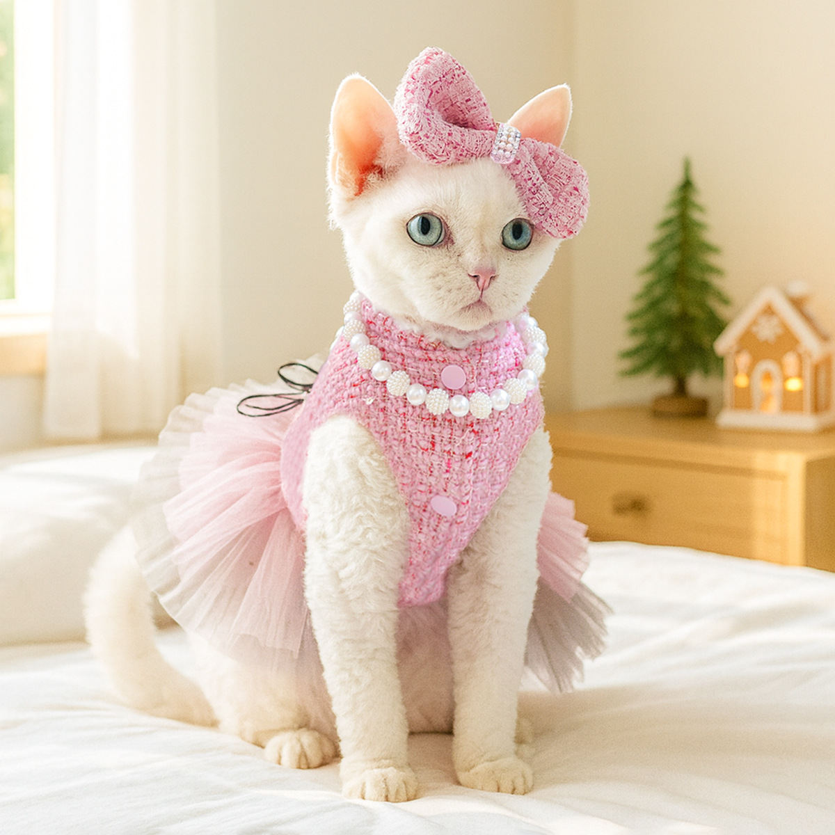 Cute Pet Chanel-Style Bow Hair Clip And Bib Accessory Set