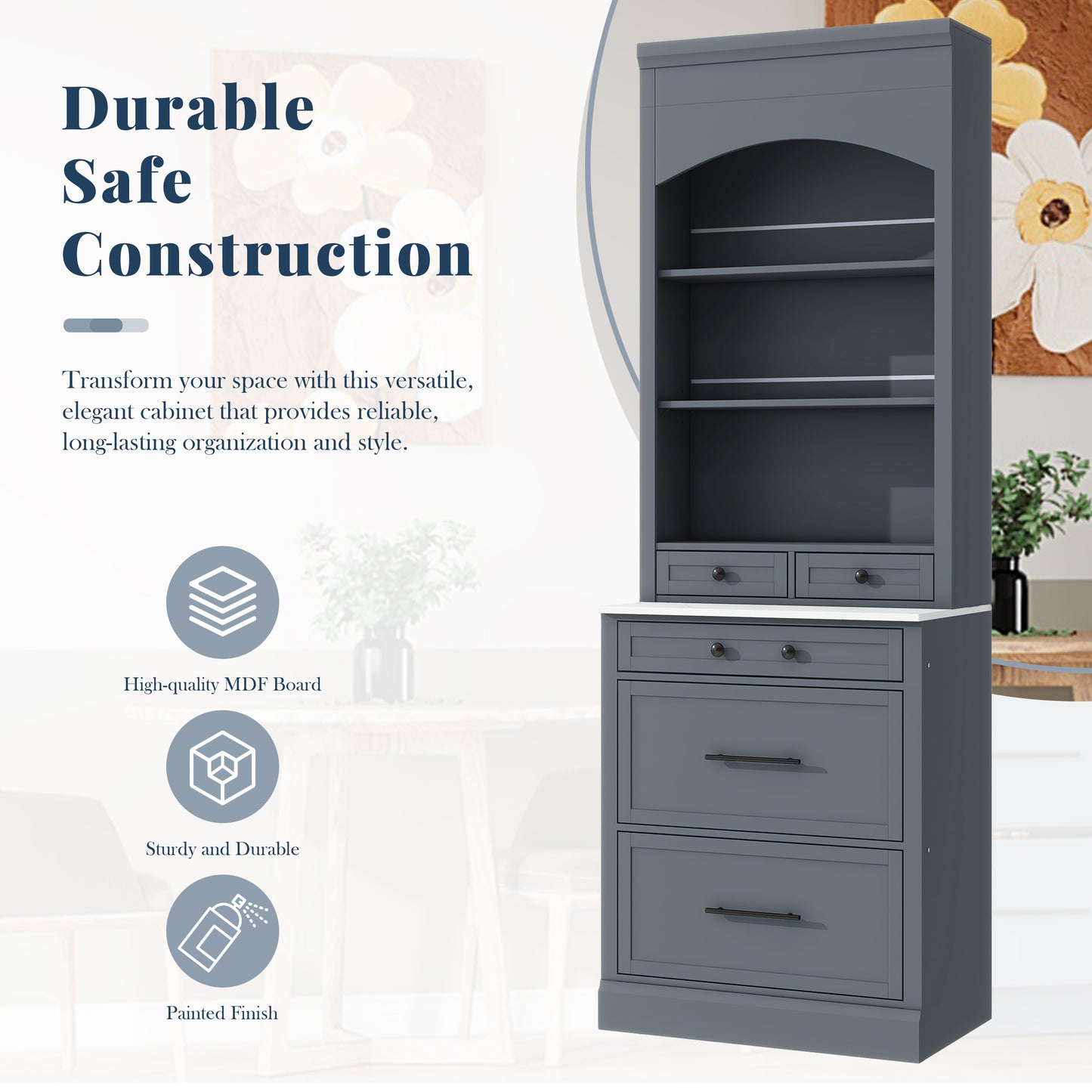 TOPMAx Modern 83.7inch High Kitchen Pantry  Freestanding Tall Kitchen Hutch With Faux Marble Top  Cupboard Cabinet With 5 Storage Drawers And Adjustable Shelf  Set Of 2  Gray
