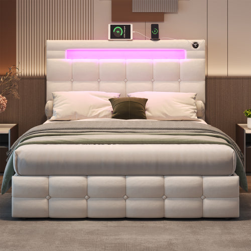 4ft6 Double Upholstered Bed Frame With Hydraulic Storage, Velvet Ottoman Bed With LED Lighting And Charging Station, Double Bed With Adjustable Button Tufted Headboard, Beige