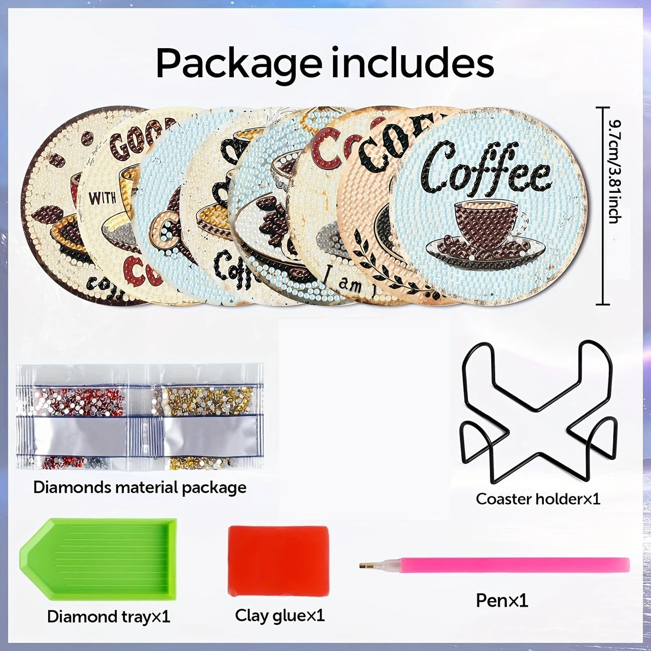 Diamond Art Drawing Coaster With Bracket, DIY Coffee Pattern Diamond Art Coaster, Suitable For Adults And Beginners Diamond Drawing Kit, Diamond Kit Craft Supplies, Exquisite Gifts For Friends