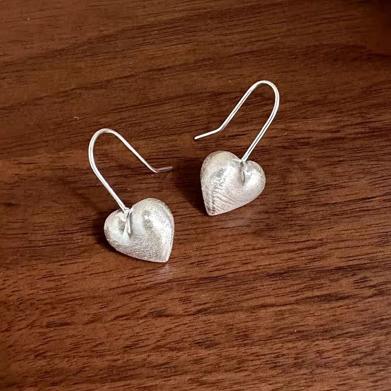 1 Pair 999 Sterling Silver Brushed 3D Heart Hook Earrings, Minimalist & Elegant, Perfect For Daily, Dating & Gifting, Ideal Valentine's Gift