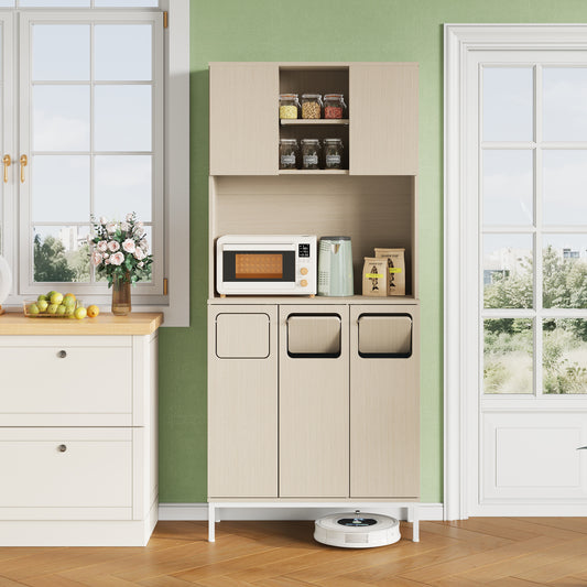 Trash Cabinet, Three-door Kitchen Cabinet In Lightwood-white, 181cm Tall Cabinet With Garbage Area, Microwave Compartment & Storage Space For Vacuum Cleaner, 80x35x181cm