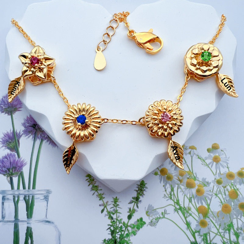 New 12 Birthday Flower Birthstone Name Rotating Necklace