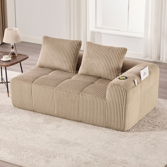 Cozy Corduroy Fabric Two-Seater Sofa  Without Assembly, Soft Back Cushions, Side Storage Pocket For Remote Control And Mobile Phone, Integrated Cup Holder  Neat And Aesthetic.