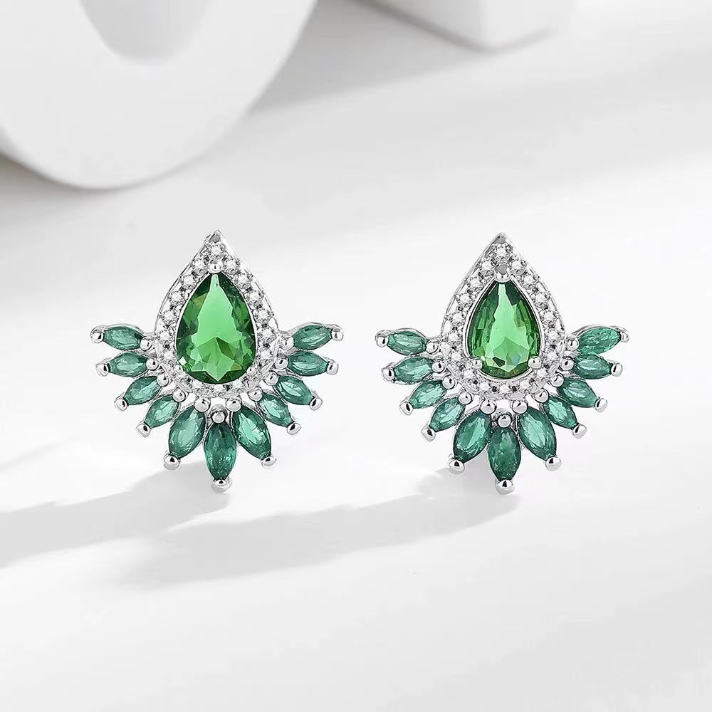 Cross-border Live Broadcast New Product Emerald Tourmaline Full Diamond Necklace Women's High-end Jewelry Ring Earrings Jewelry Suit