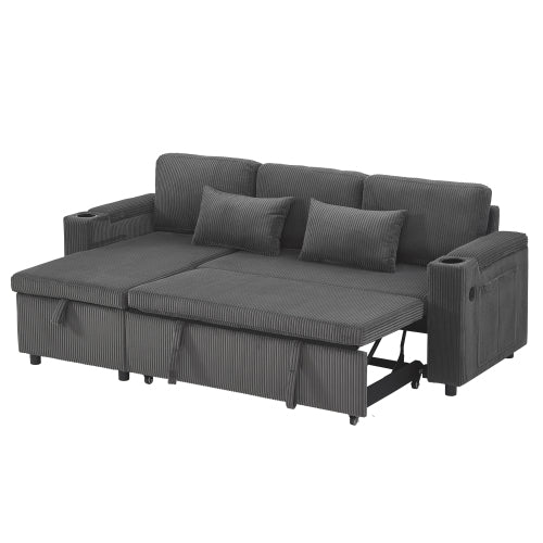 3 In 1 Convertible Corduroy Sofa Bed With Storage Chaise, L Shaped Sleeper Sofa Couches With Armrest Storage And Charging Station. Pullout Sectional Daybed For Living RoomBedroomOffice, Grey