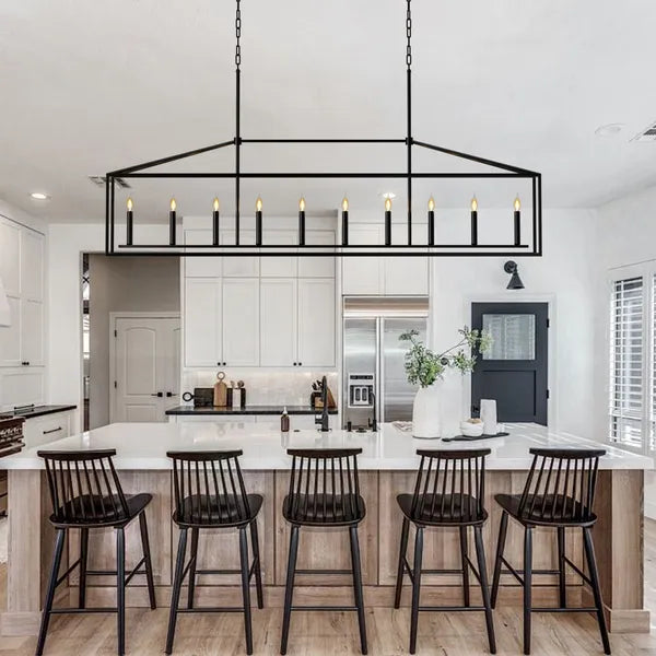 10 Lights Farmhouse Black Chandelier Rectangular Linear Pendant Lighting For Dining Room Kitchen Island