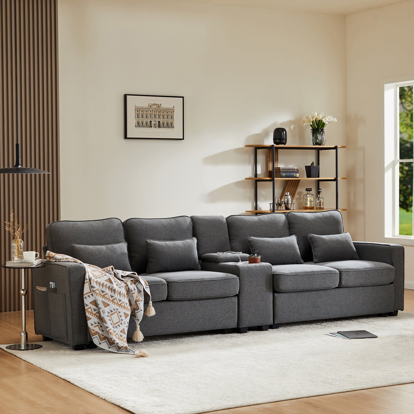 Modern 4 Seater Sofa In Linen Fabric With Console, 2 Cup Holders, 2 USB Ports For Charging With Cable, With Armrest Pockets And 4 Cushions, Simple Sofa For Living Room, Apartment, Office