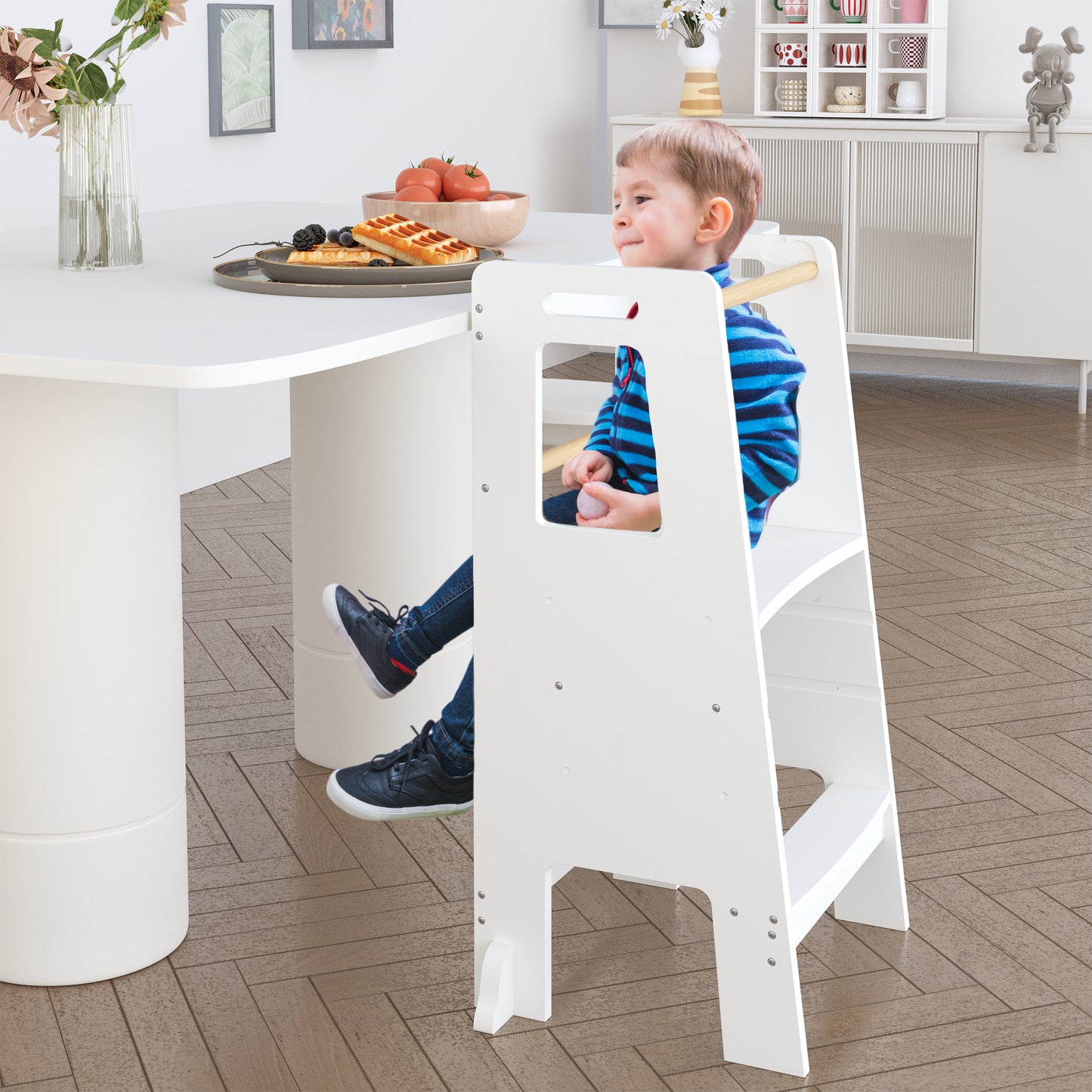 Kids Standing Tower, Child Kitchen Step Stool Toddler Wood Stepping Stool - Children's Montessori Stool - Adjustable Height, Ideal Kids Kitchen Step Stool For Learning New Skills, White