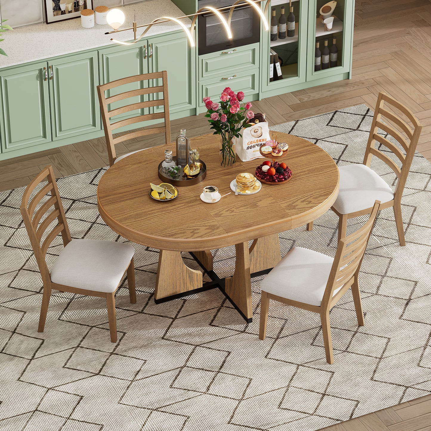 TREXM Round Dining Table For 4 With Chairs Set  Extendable Dining Table Set With 16 Removable Middle Leaf  5 Piece Retro Dining Table Set Unique Geometric Design For Kitchen  Dining Room  Natural