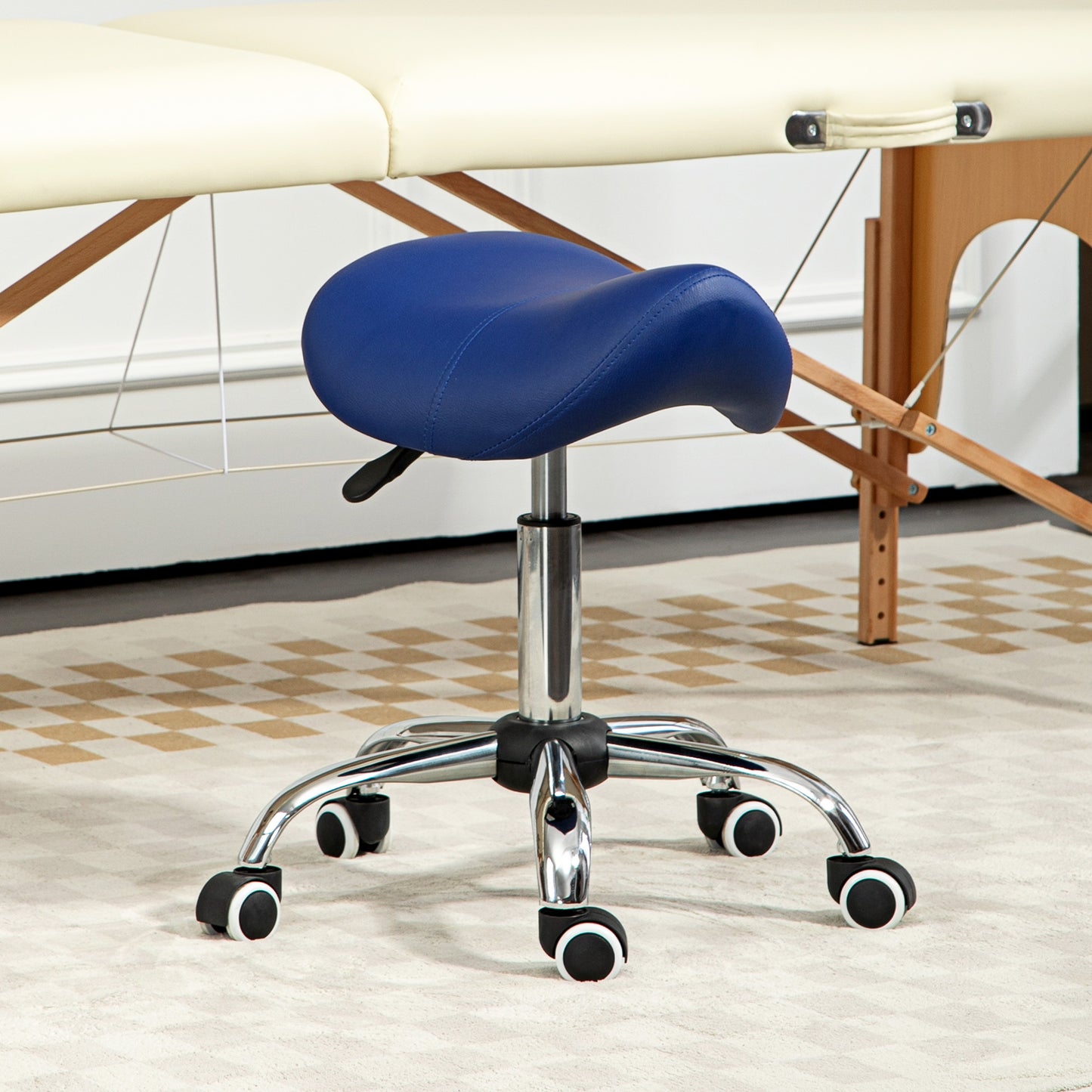 Saddle Stool, Height Adjustable Salon Chair For Massage Spa, Faux Leather, Dark Blue