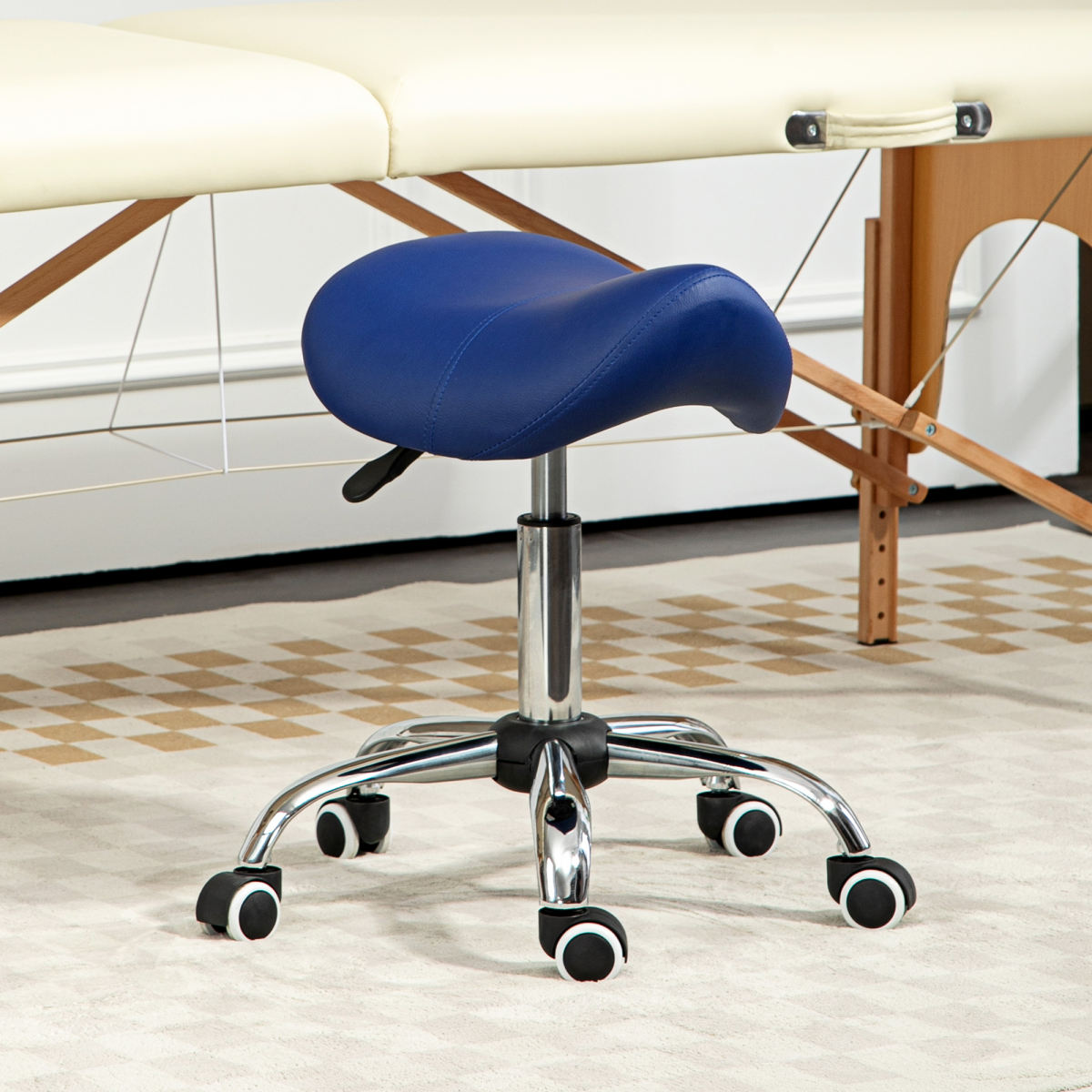 Saddle Stool, Height Adjustable Salon Chair For Massage Spa, Faux Leather, Dark Blue