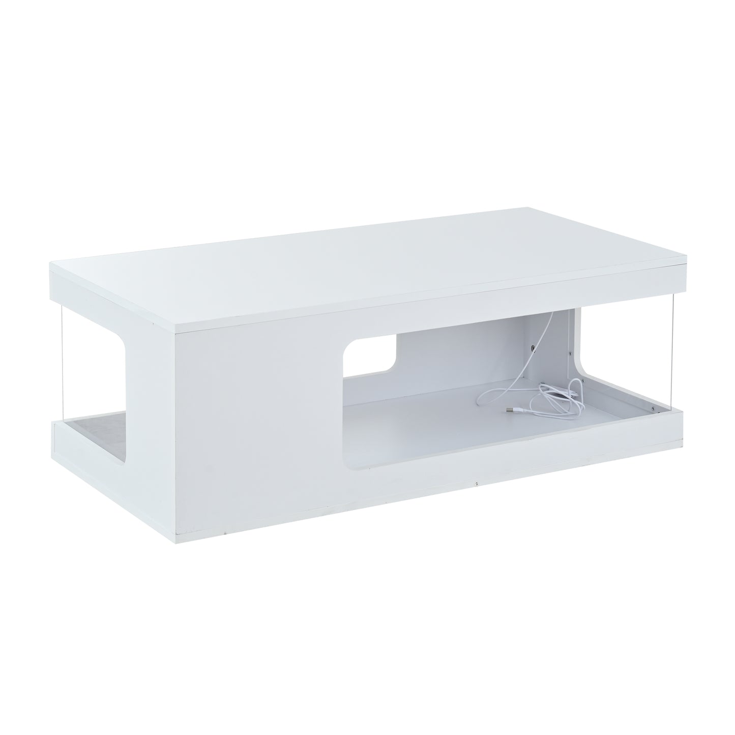 Living Room Coffee Table 50X100X35cm, Openwork Tea Table, Large High-gloss Coffee Table With Tempered Glass Shelves On Both Sides, Side Table With LED Light Strip, White, Chipboard.