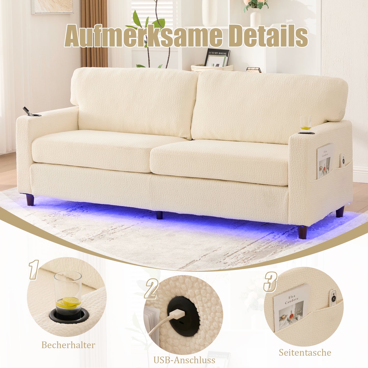 Modern 2-person Chenille Sofa With USB-C, LED Ambiance, Cup Holders And Side Pockets. Wood Metal Frame With Comfort Foam. Ideal For Living Room, Bedroom Or Office. Beige