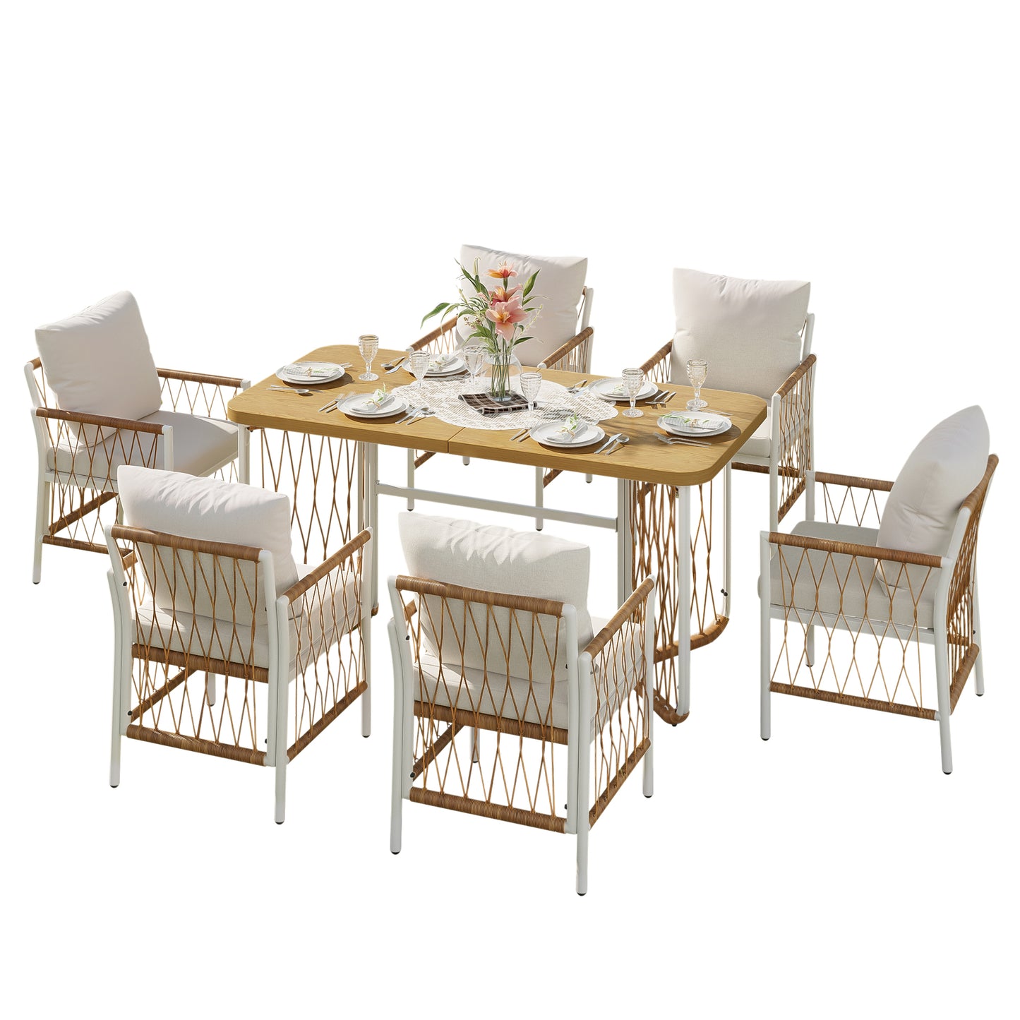 Modern Outdoor Set , Leisure And Meeting Set For Several People , Iron Frame , Braided Armrests , Seat Cushion Included
