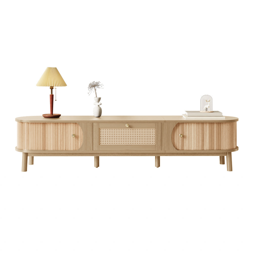 TV Cabinet TV Stand With Solid Natural Wood Doors And Rattan Drawers. Natural Storage Solutions For A Rustic Atmosphere
