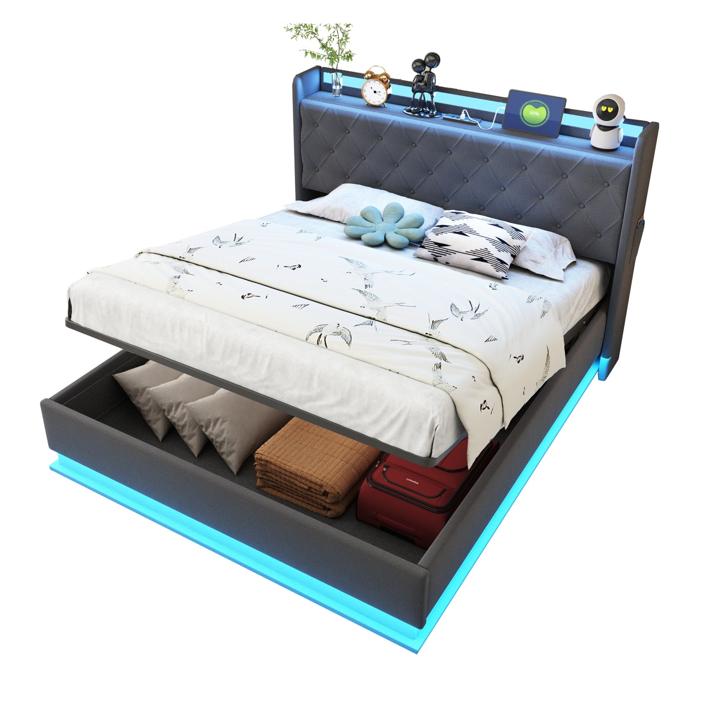 LED Upholstered Bed 140x200 Cm With USB Charging Port And Hydraulic Storage, Skin-friendly Linen Fabric Grey