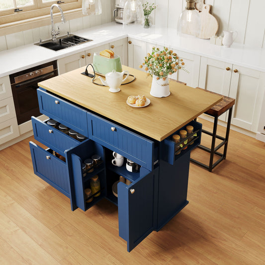 Available TOPMAX Farmhouse Kitchen Island With Drop Leaf And 2 Seatings, Kitchen Table Set With Storage Cabinet, Drawers, Door Shelves And Power Outlet, Blue