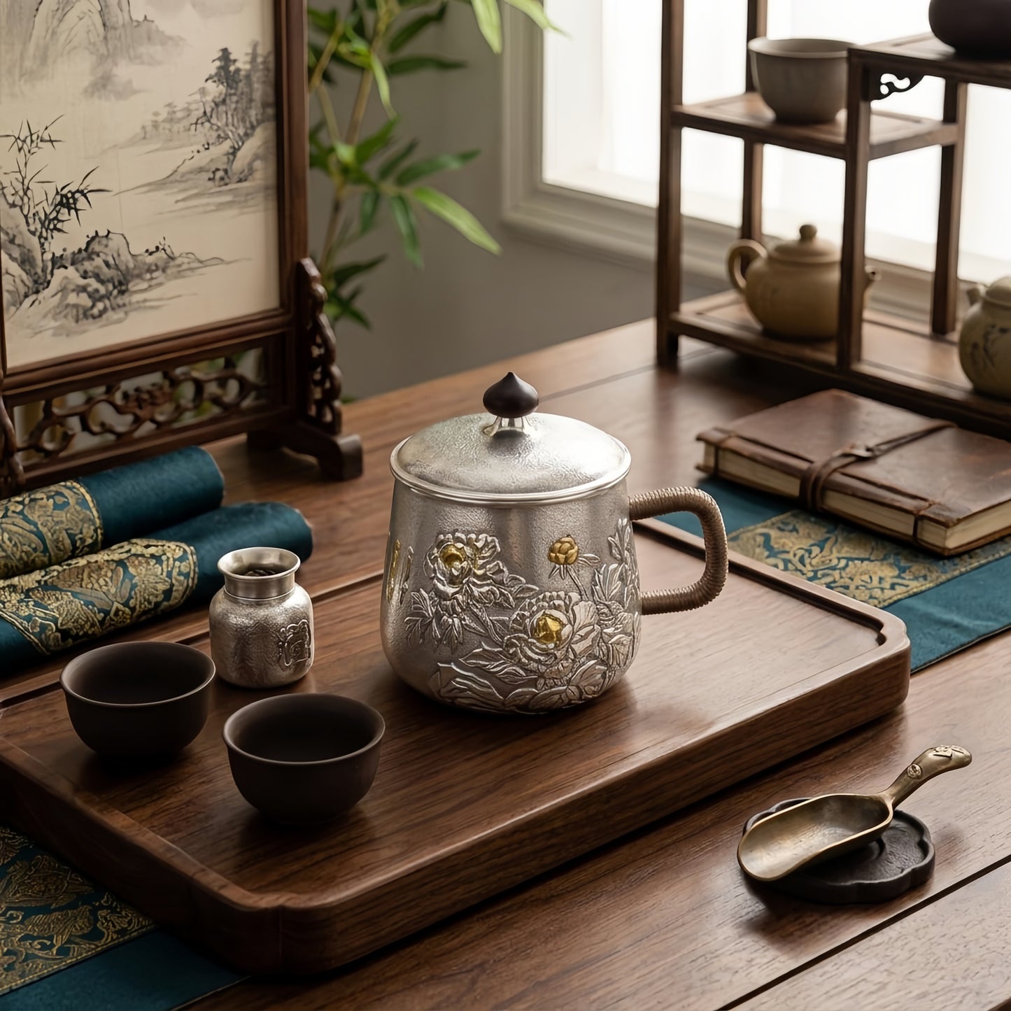 925 Sterling Silver Handcrafted Silver Tea Mug with Ornate Peony Relief and Rattan Handle - Handicraft