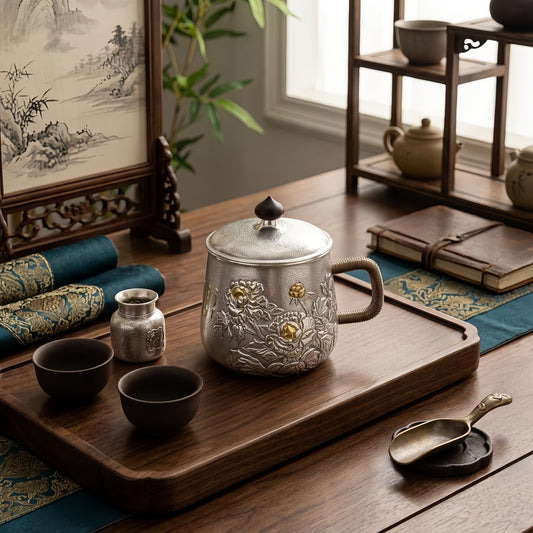 925 Sterling Silver Handcrafted Silver Tea Mug with Ornate Peony Relief and Rattan Handle - Handicraft