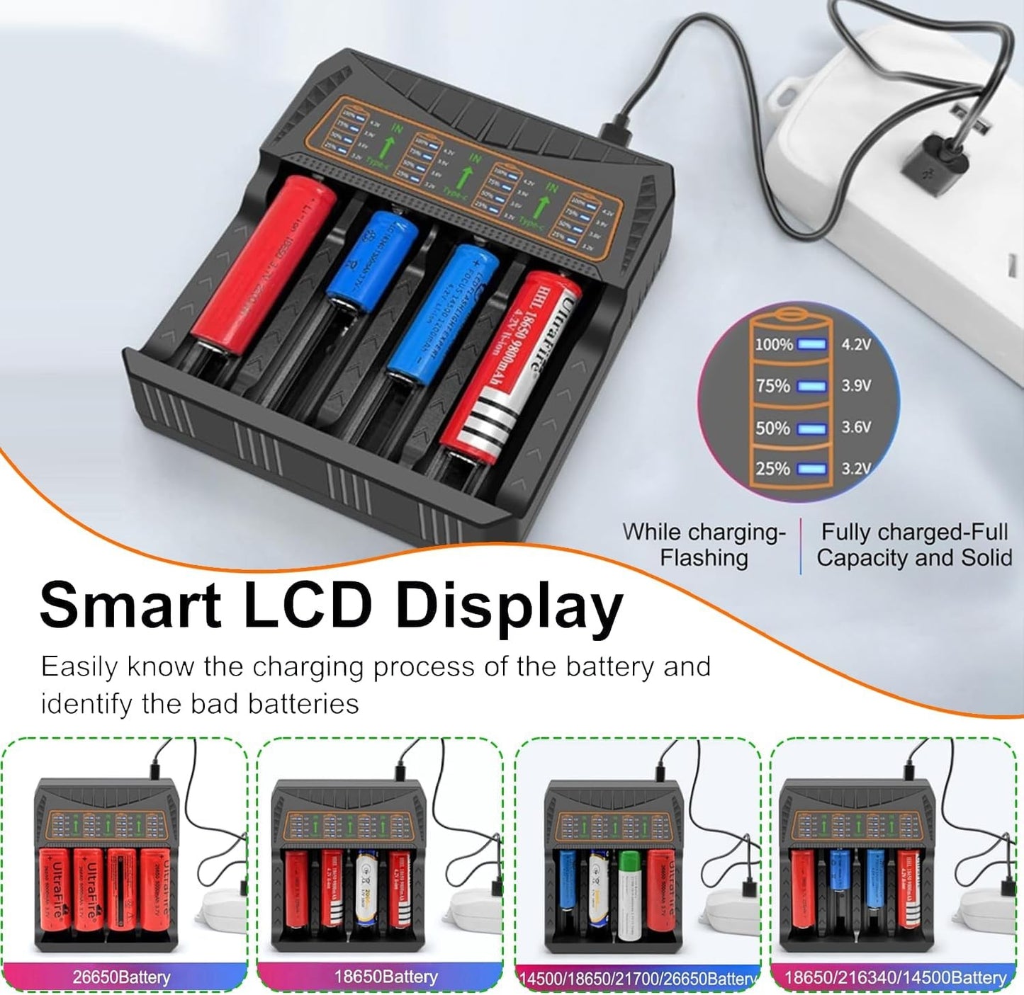 4-Slot LED Smart Battery Charger USB For Rechargeable AA AAA Nimh Battery 18650