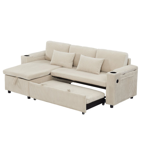3 In 1 Convertible Corduroy Sofa Bed With Storage Chaise, L Shaped Sleeper Sofa Couches With Armrest Storage And Charging Station. Pullout Sectional Daybed For Living RoomBedroomOffice, Grey