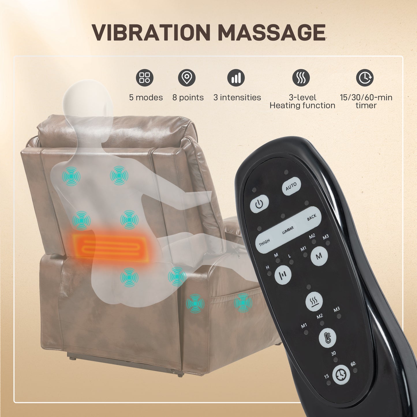 Power Lift Chair for Elderly, Faux Leather Recliner Sofa with Vibration Massage and Heat, Remote, Side Pockets, Brown