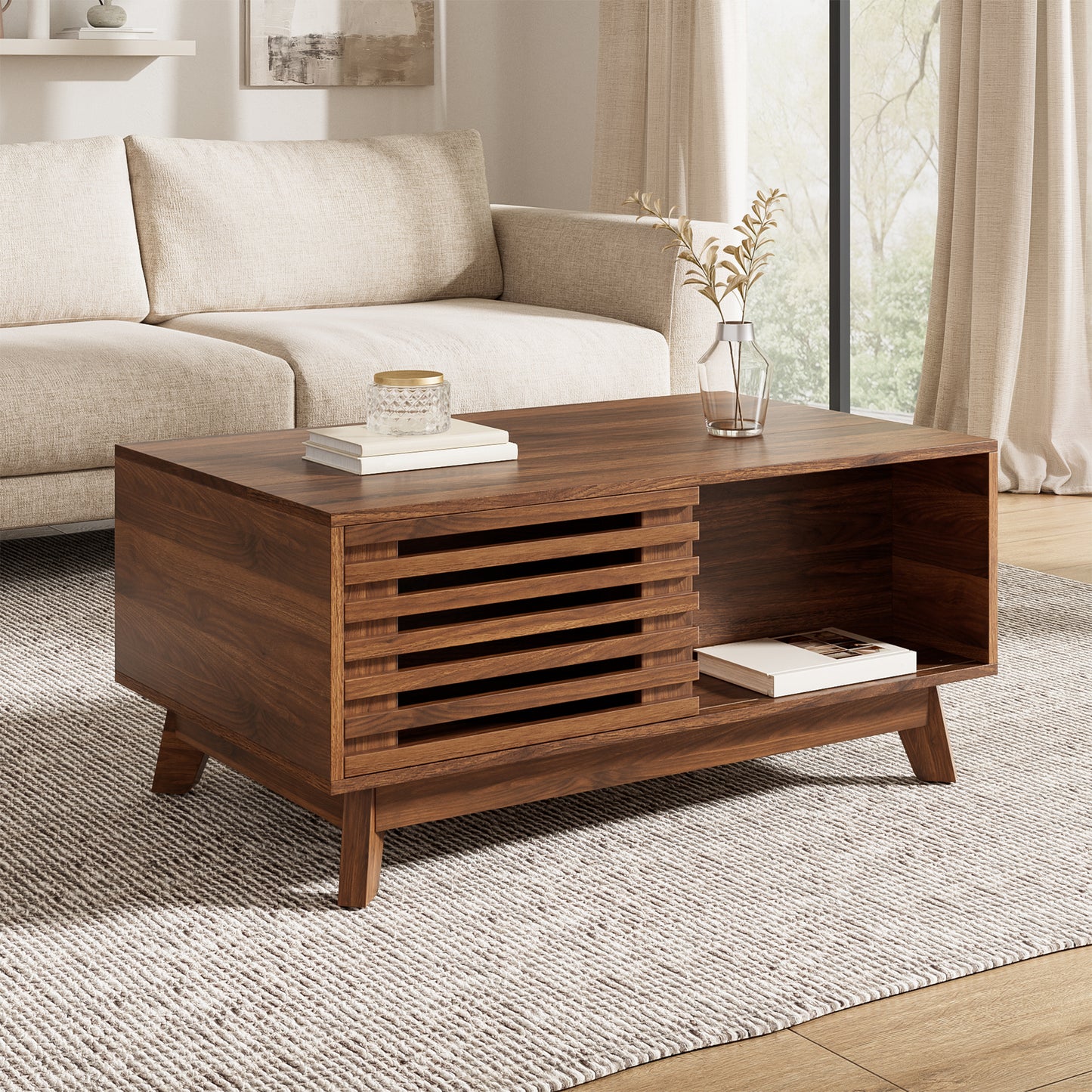 Modern Retro Coffee Table, Height-adjustable Table Top, Sliding Blind Door, Walnut Look, MDF Body, Multifunctional Living Room Table