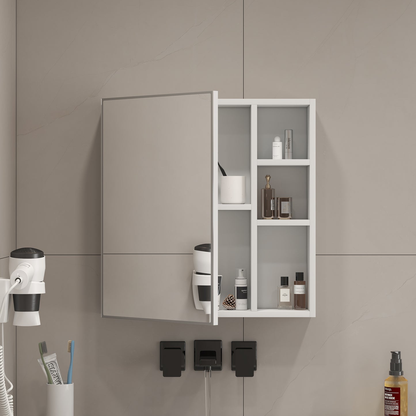 Simple Wall Mirror Cabinet 55 X56cm Wall Mounted, White HDF Board  Safety Mirror Glass Door, Divided Storage  Thickened HD Mirror, Great For Bathroom Makeup Room.