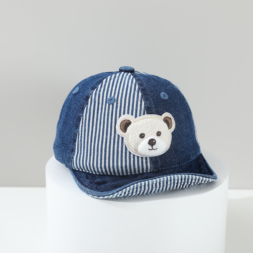 Children's Patchwork Striped Cartoon Bear Sewn Water-washed Distressed Fashion Casual Soft-brimmed Baseball Cap For Traveling And Shopping