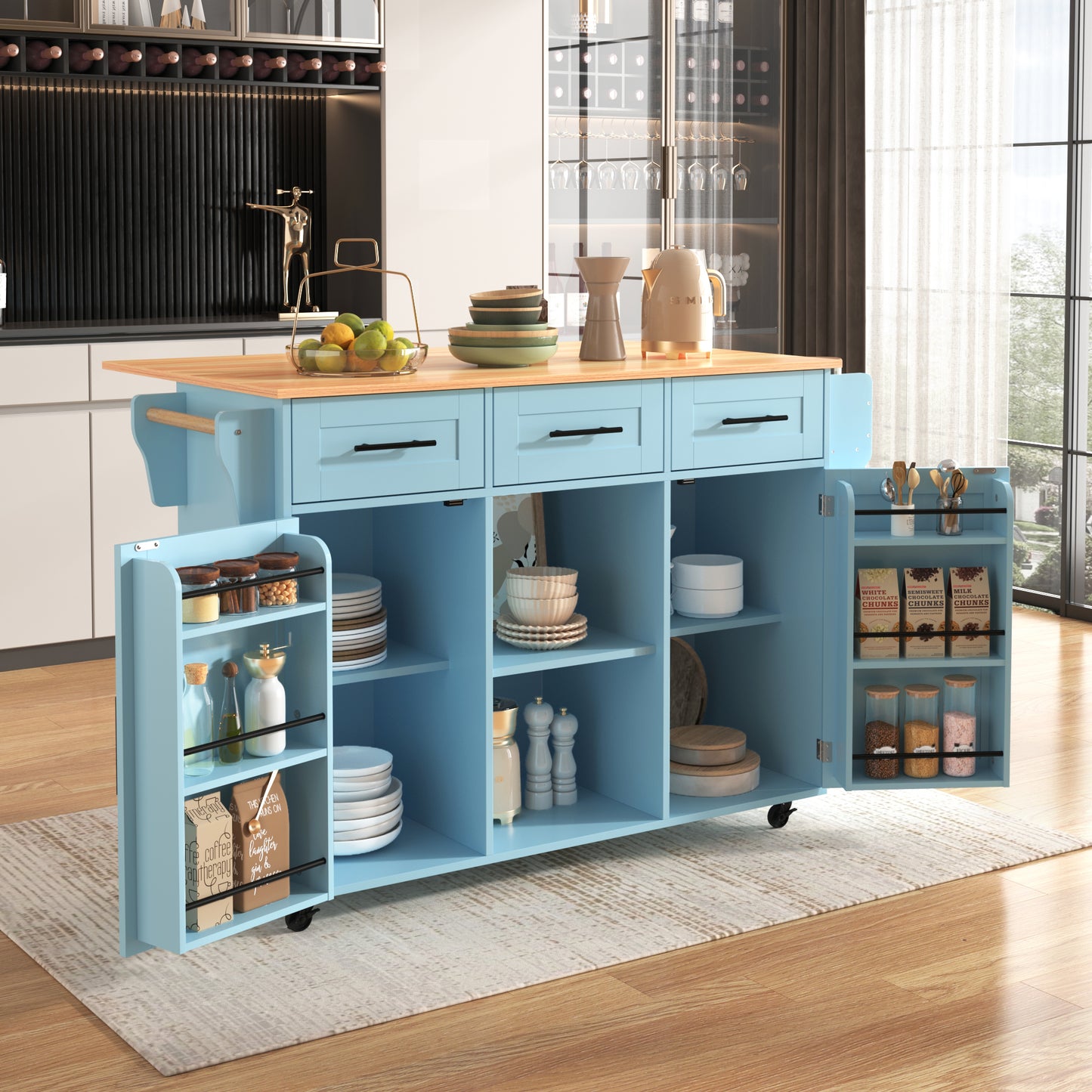 139x46 X91.5 Cm Large Dining Trolley Sideboard, Blue Body   Solid Wood Grain Worktop, Foldable Worktop, Storage Door, Castors, Interchangeable Solid Wood Feet, Suitable For Dining Room, Kitchen