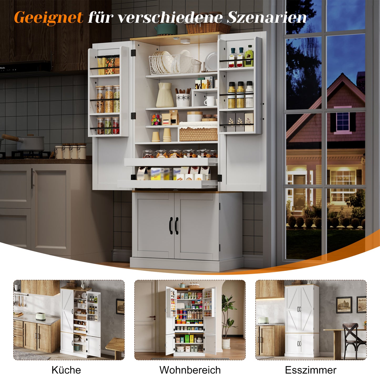 Kitchen Cabinets, Tall Cabinets And Storage Cabinets With Motion Sensor, Adjustable Shelves, Shelves On The Doors And Drawers, Suitable For Kitchen, Dining Room And Living Room, White