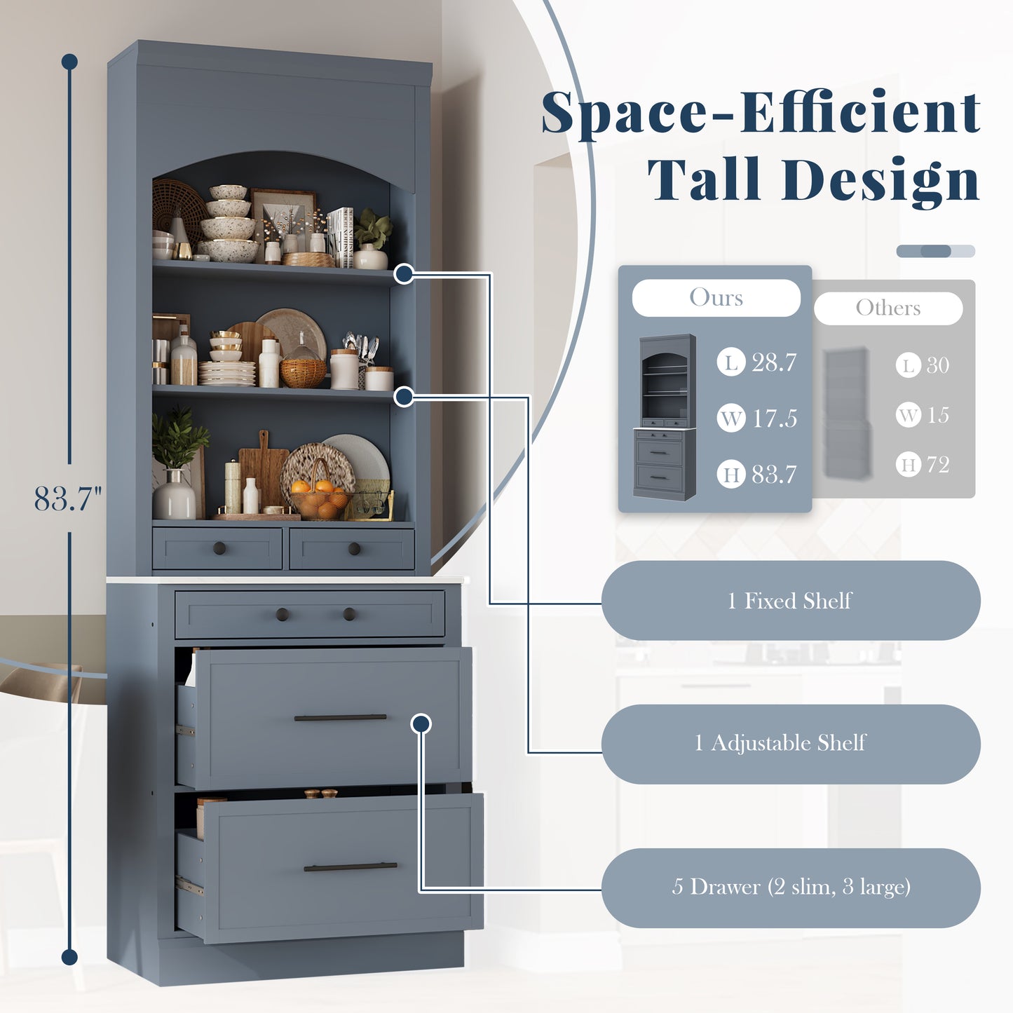 TOPMAx Modern 83.7inch High Kitchen Pantry  Freestanding Tall Kitchen Hutch With Faux Marble Top  Display Cupboard Cabinet With 5 Storage Drawers And Adjustable Shelf  Gray