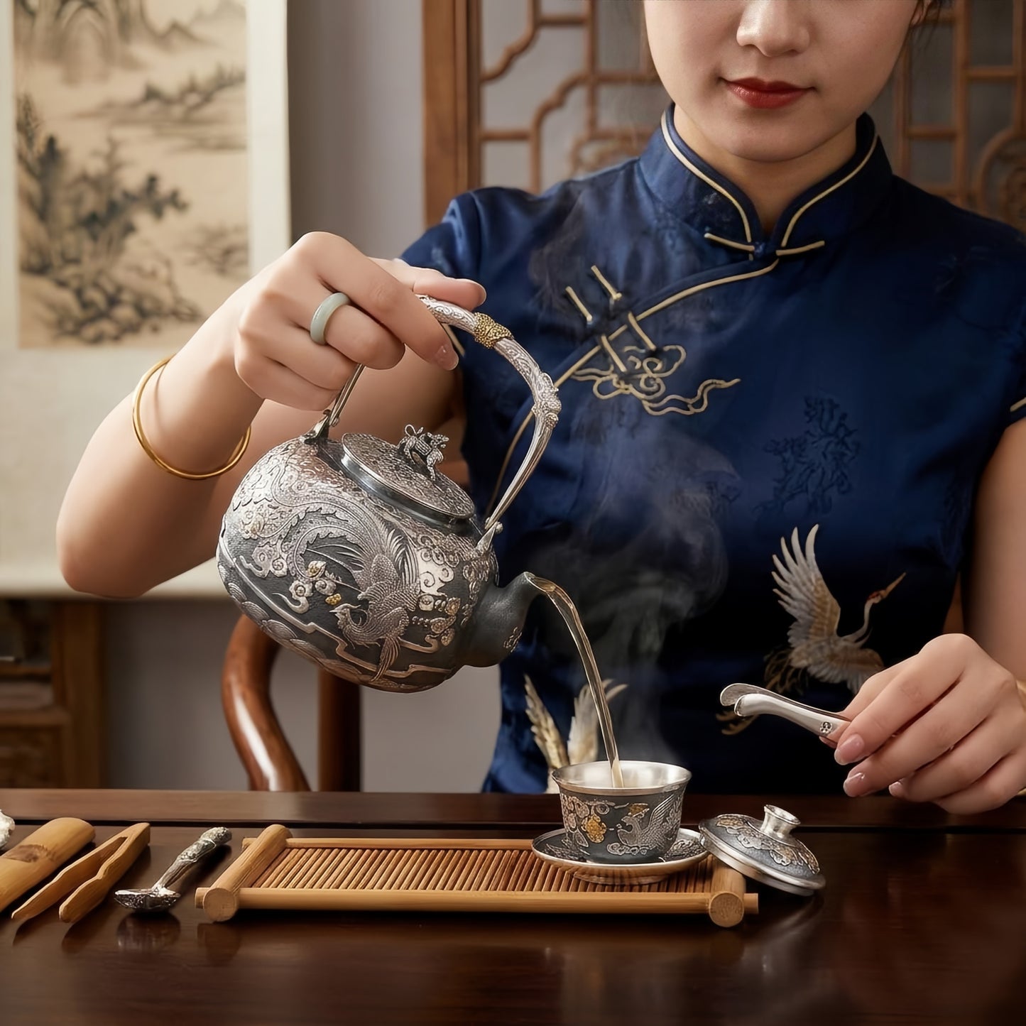 925 Sterling Silver Ornate Handcrafted Silver Tea Kettle with Phoenix Motifs and Lion Finial - Handicraft