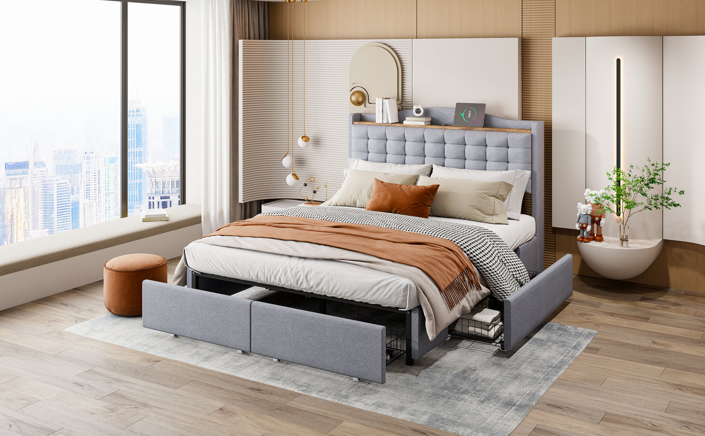 Upholstered Bed 140x200 Cm, Bedside Table With USB Charging Port And Shelf, Double Flat Bed With 4 Drawers, Linen Fabric Grey