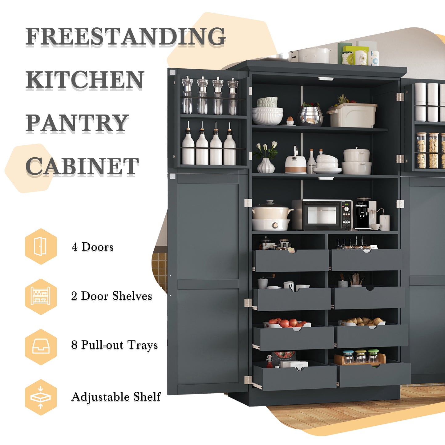 TOPMAx 35.5x17.6x70.9inch Freestanding Kitchen Pantry Cabinet  Tall Storage Cabinet With 4 Doors  2 Door Shelves  8 Pull- Out Trays And Adjustable Shelf For Dining Room  Gray