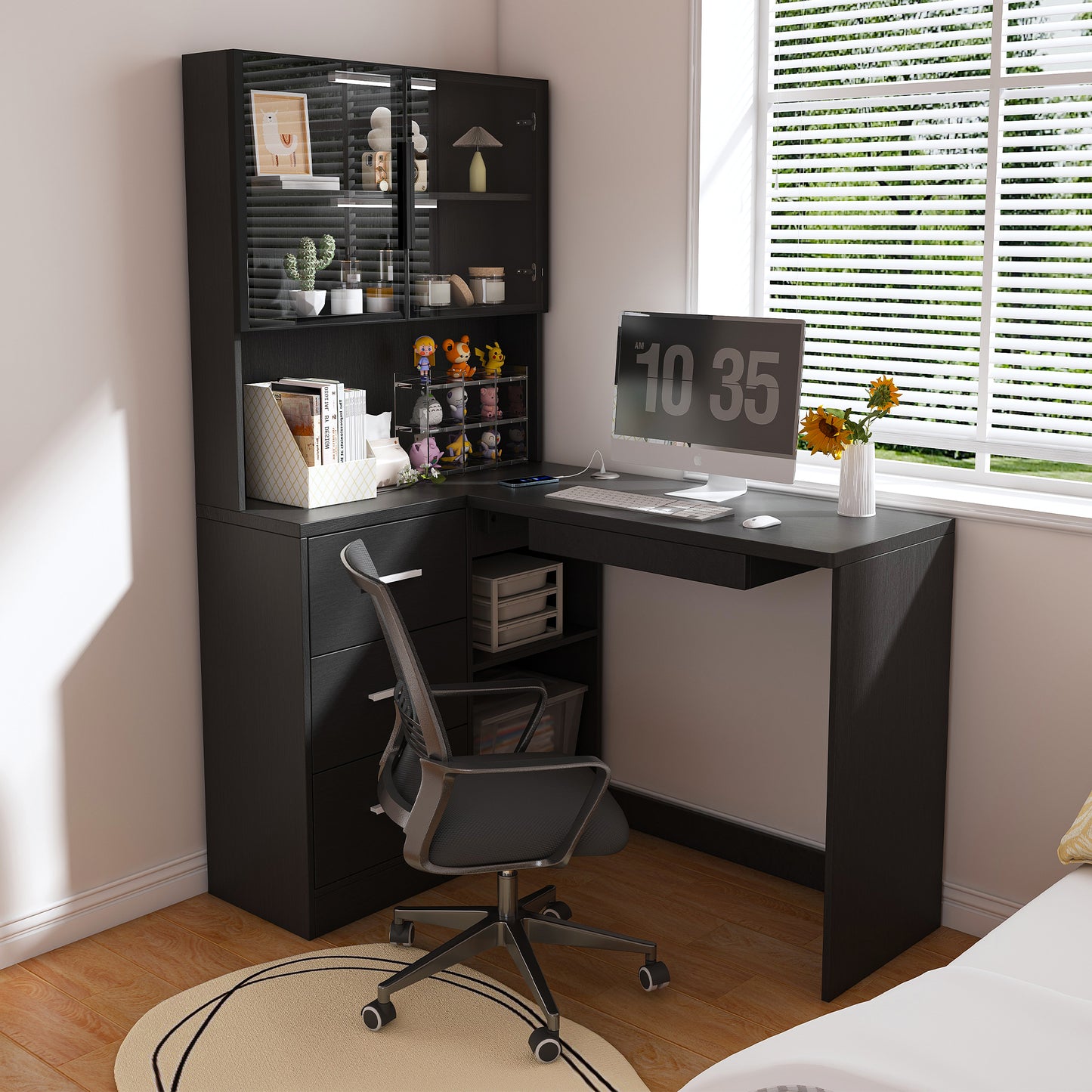 Computer Desk With Glass Cabinets & Built-In LED Lights, Corner L-Shaped Office Desk With USB Charging Ports, Keyboard Tray, Ergonomic Design For Home And Corporate Workspaces Black